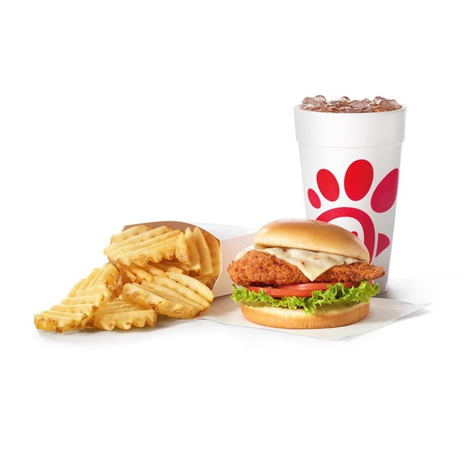 A Chick-fil-A Chicken Sandwich with waffle fries and a drink