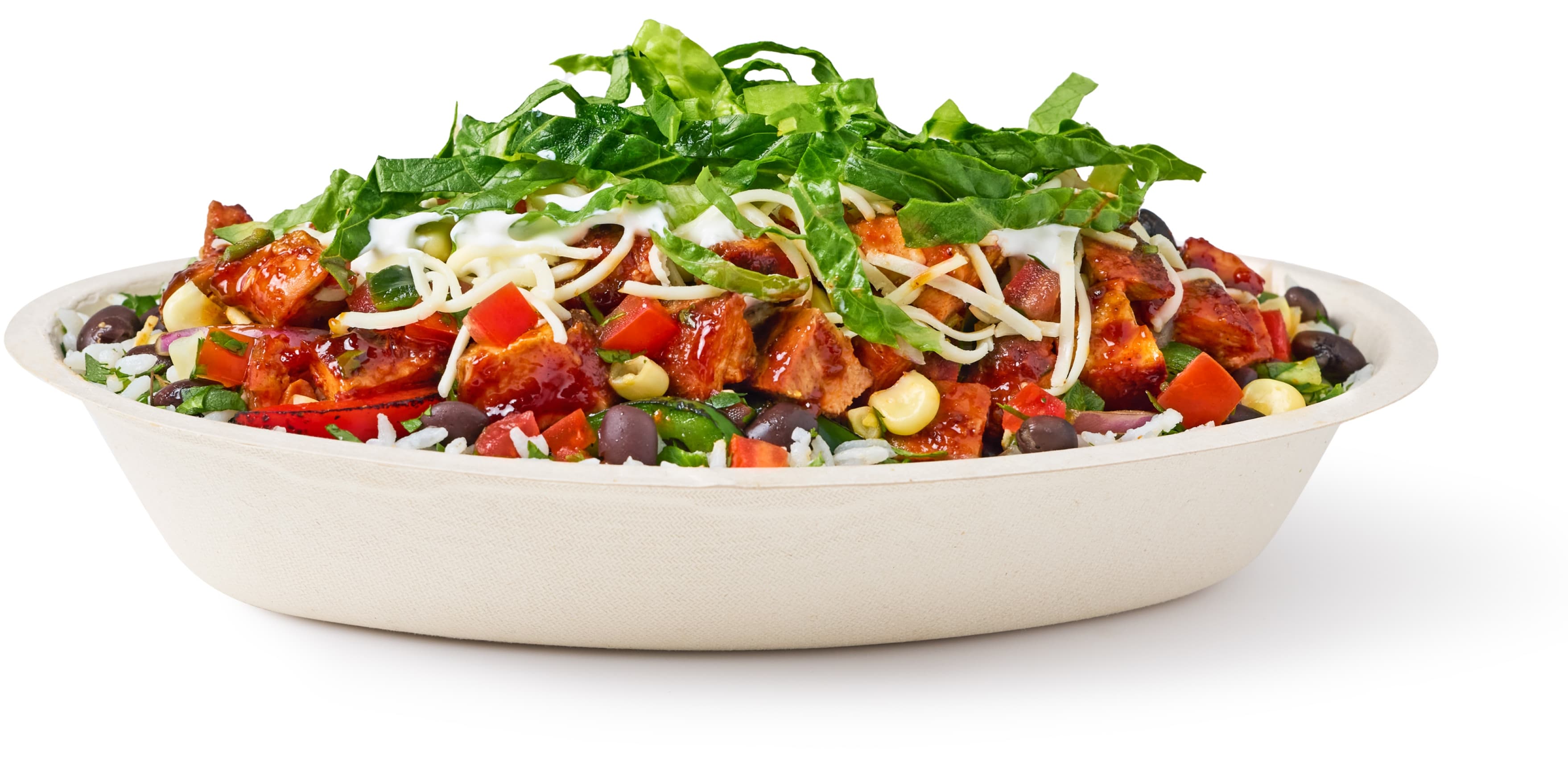 A Chipotle burrito bowl with rice, beans, grilled chicken, salsa, and a scoop of hand-mashed guacamole.