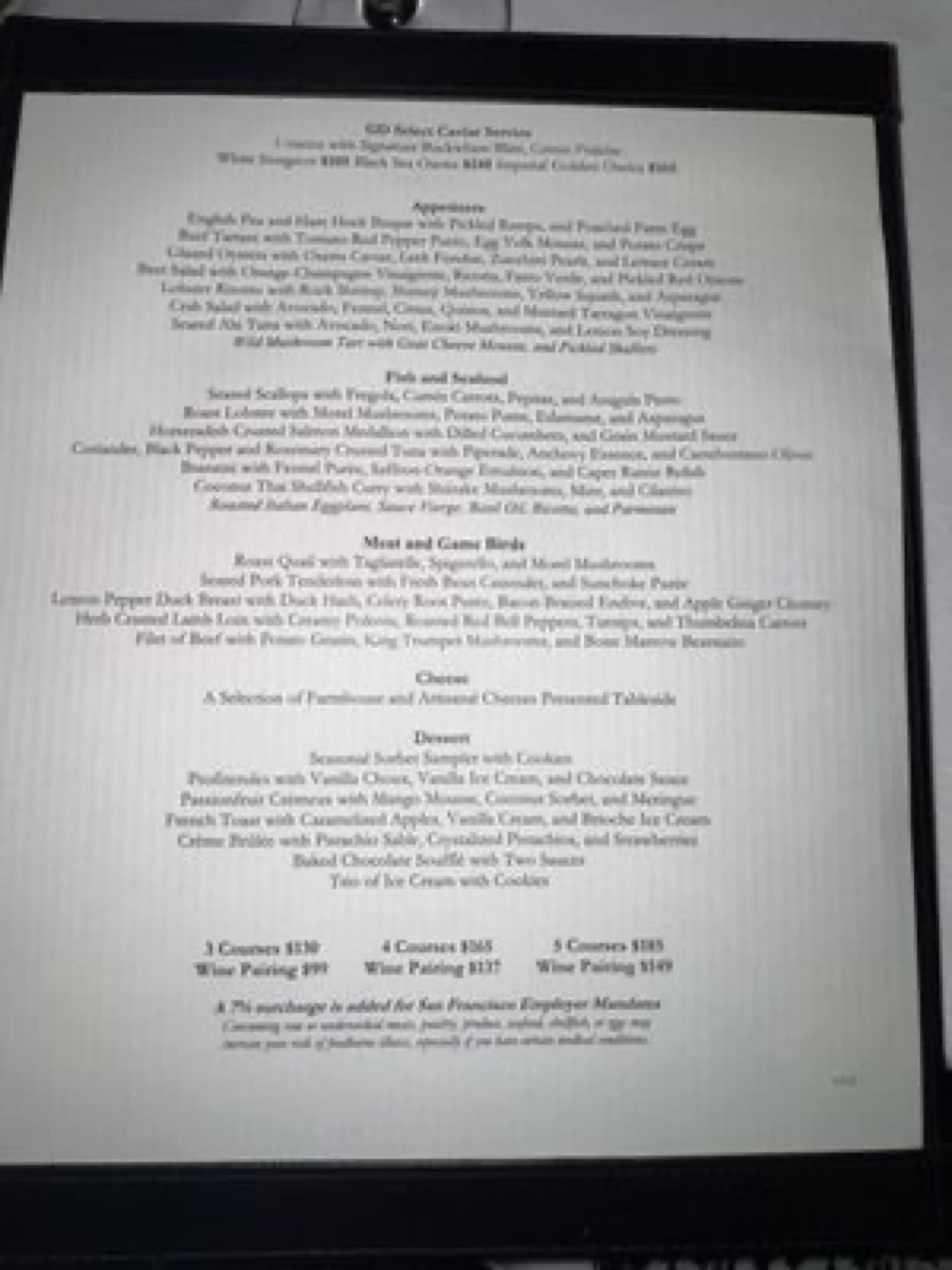 Restaurant Gary Danko printed menu