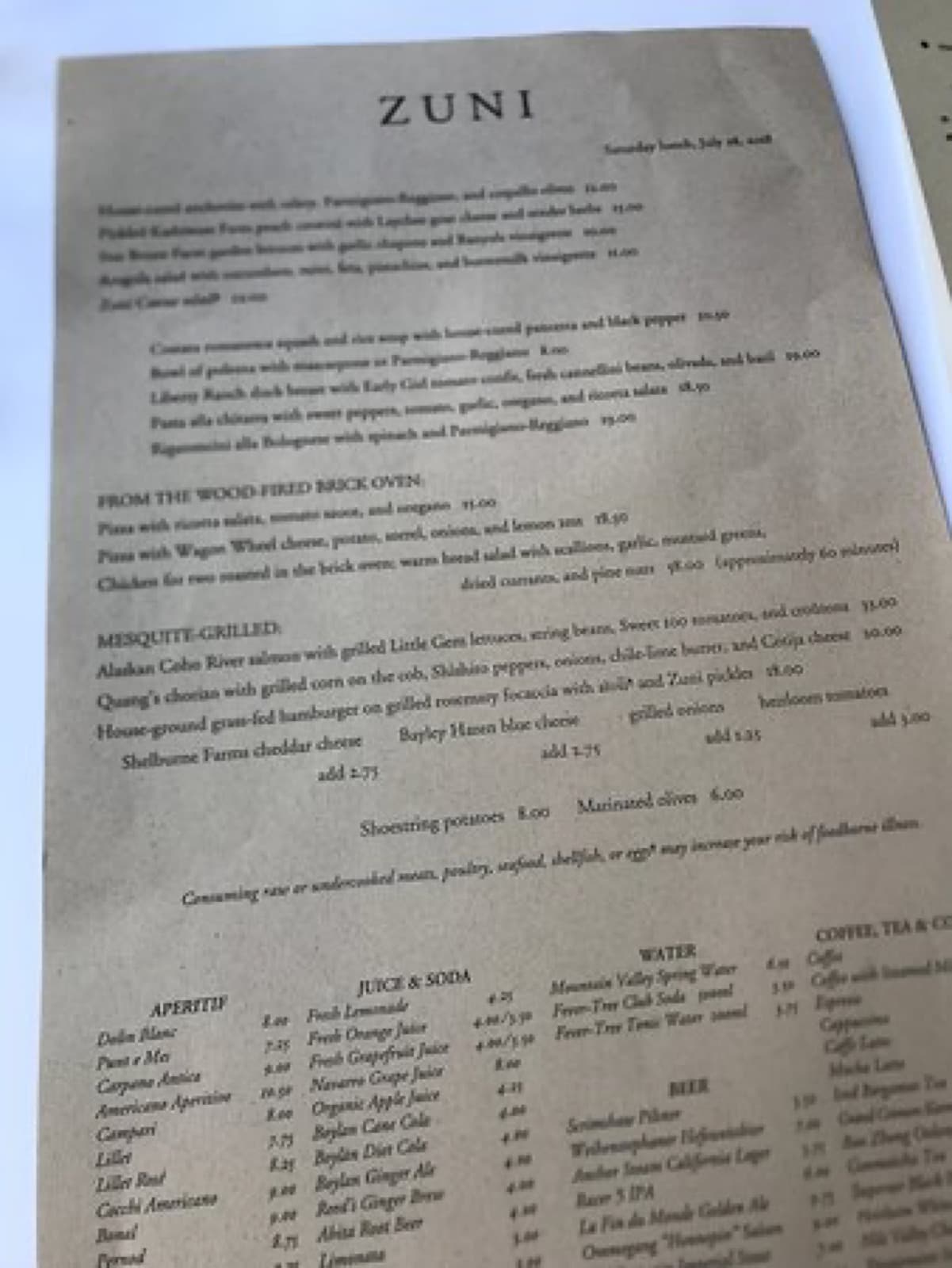 Zuni Cafe printed menu